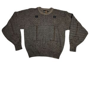 VINTAGE‎ 80s geometric sweater leather patches oversized crew neck unisex M